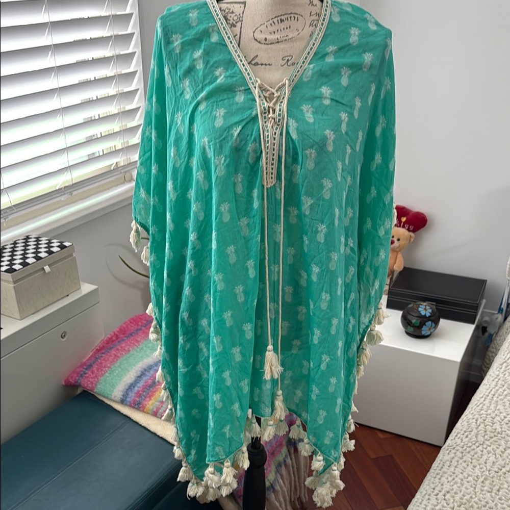 Teal Tunic Cover Up with Pineapple Print and Tassels